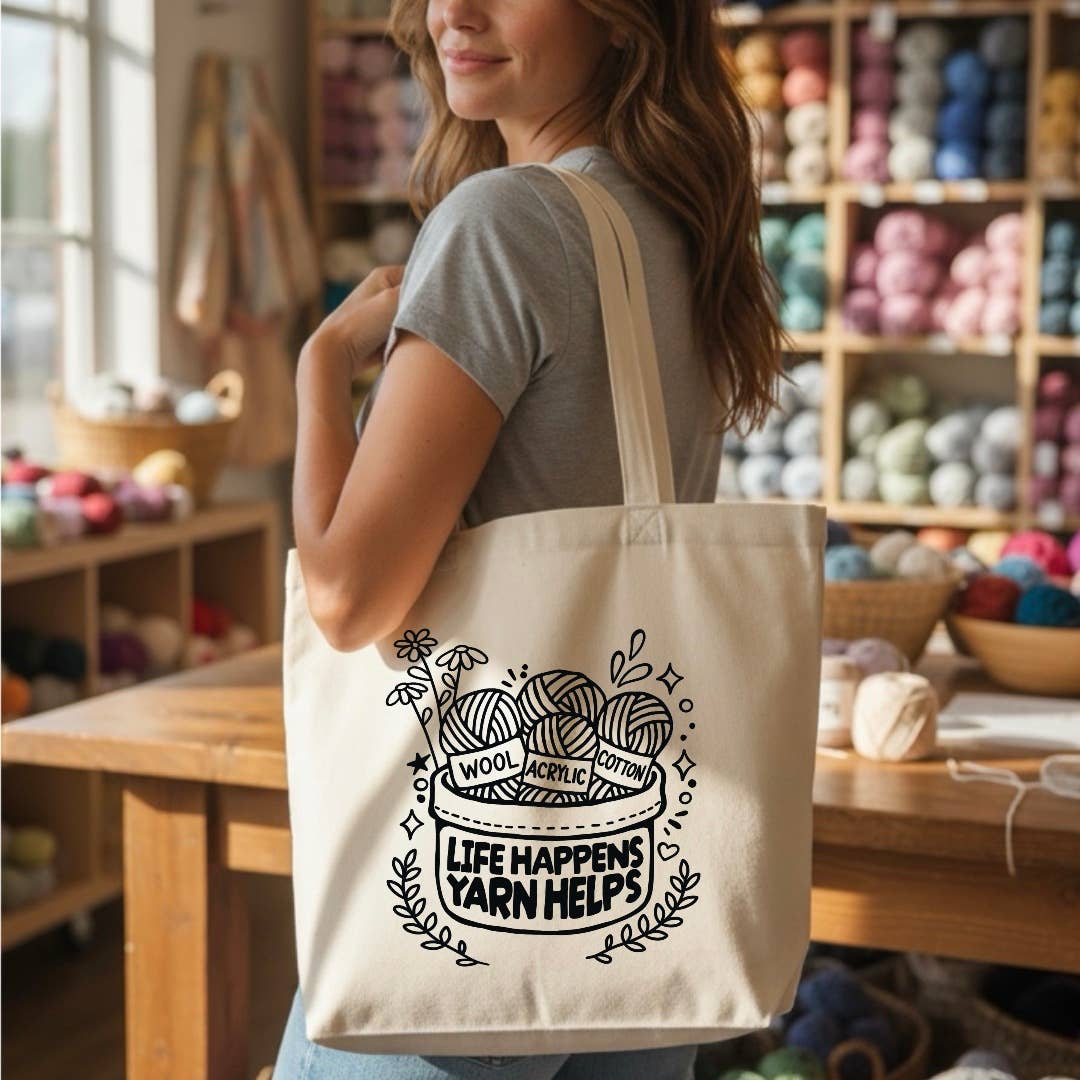 Life Happens Yarn Helps Canvas Tote Bag, Yarn Lover